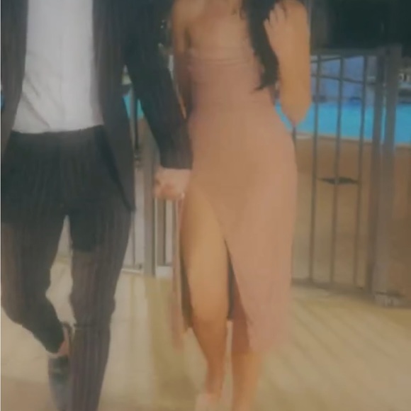 Oh Polly Verbier Embellished Bandeau Cowl Neck Midi Dress in Nude - Picture 6 of 12